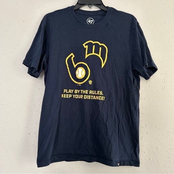 47 Blue Yellow Milwaukee Brewers Baseball Short Sleeve Tee T-Shirt Sporty Large - Picture 1 of 6